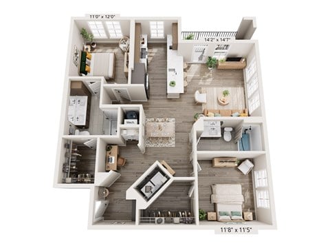 Floor plan for 2 beds, 2 baths, 1254 sqft